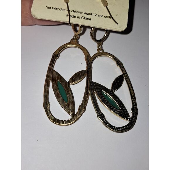 Artsy G Open Wire Dangle/Drop Earrings Green Cabochon Nature Gold Tone - Picture 7 of 8